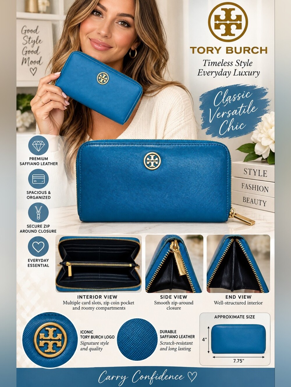 Tory Burch Bright Blue Saffiano Leather Zip-Around Wallet